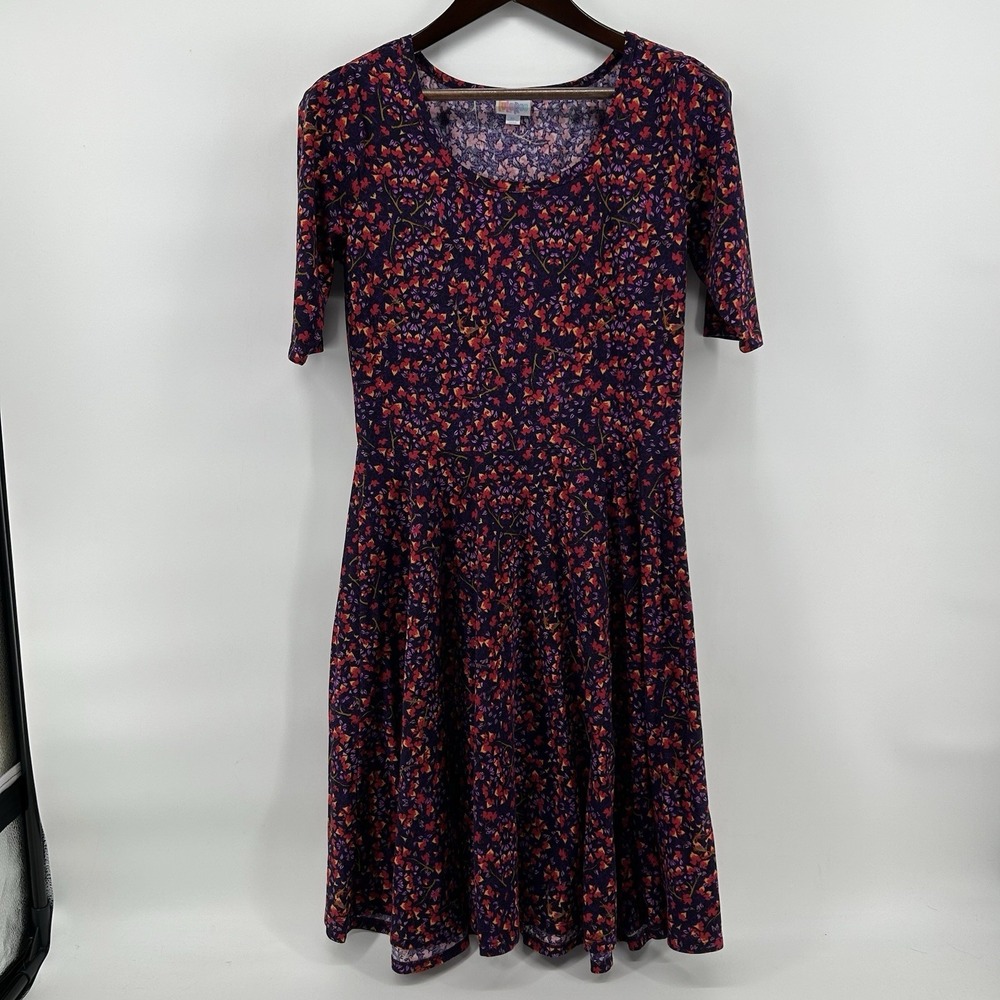LuLaRoe Nicole Womens XL Deer Antler Autumn Leaf Print Fit Flare Dress Cottage